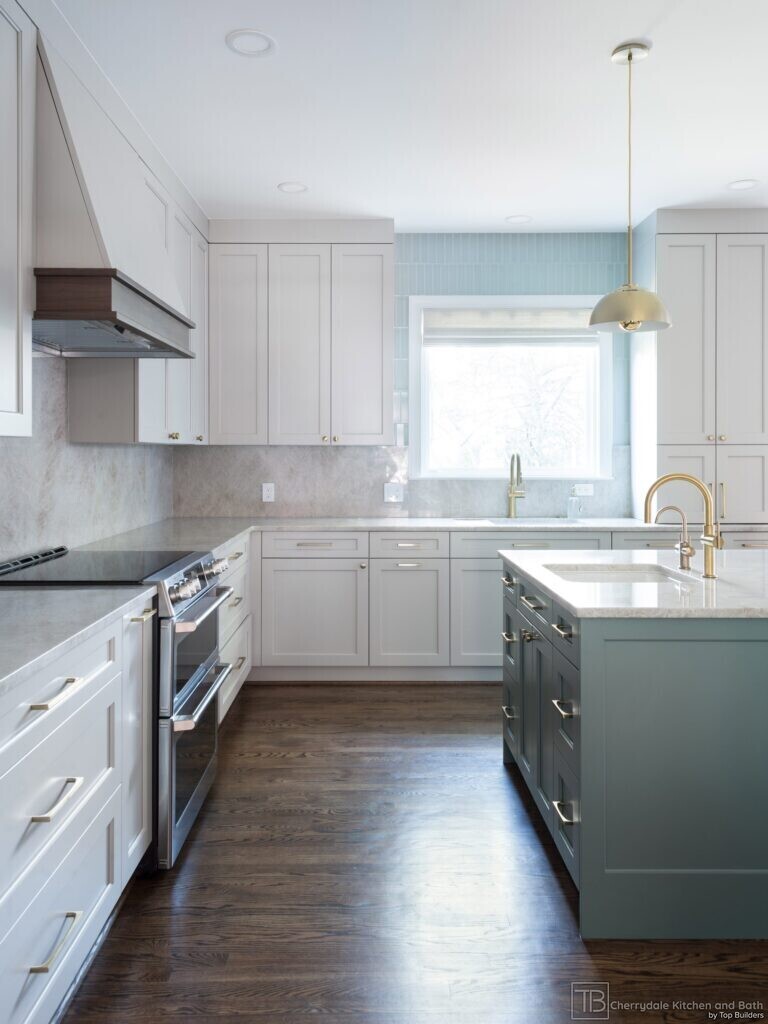 Sage and Brass – gray-green island kitchen remodel by Cherrydale Kitchen and Bath by Top Builders (photo 2)