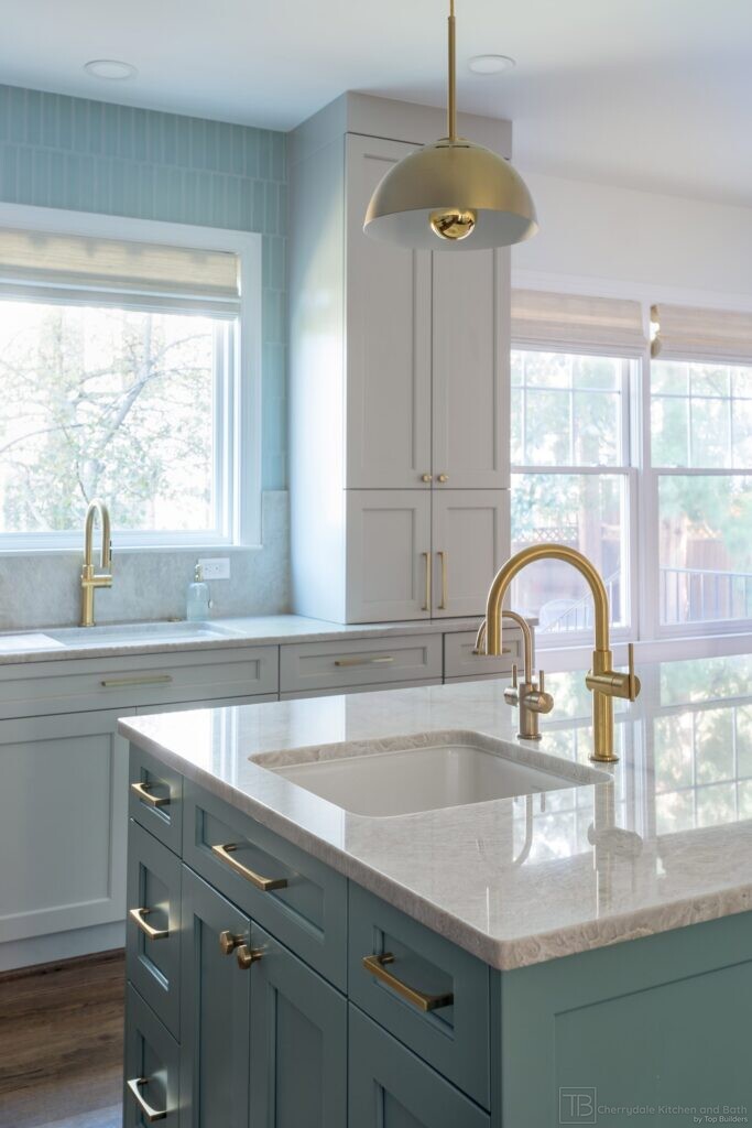 Sage and Brass – gray-green island kitchen remodel by Cherrydale Kitchen and Bath by Top Builders (photo 1)