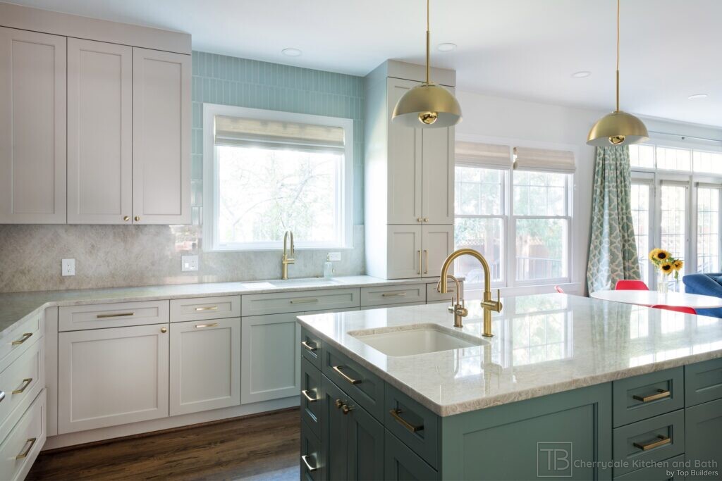 Sage and Brass – gray-green island kitchen remodel by Cherrydale Kitchen and Bath by Top Builders (photo 3)