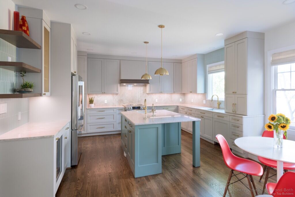 Sage and Brass – gray-green island kitchen remodel by Cherrydale Kitchen and Bath by Top Builders (photo 6)