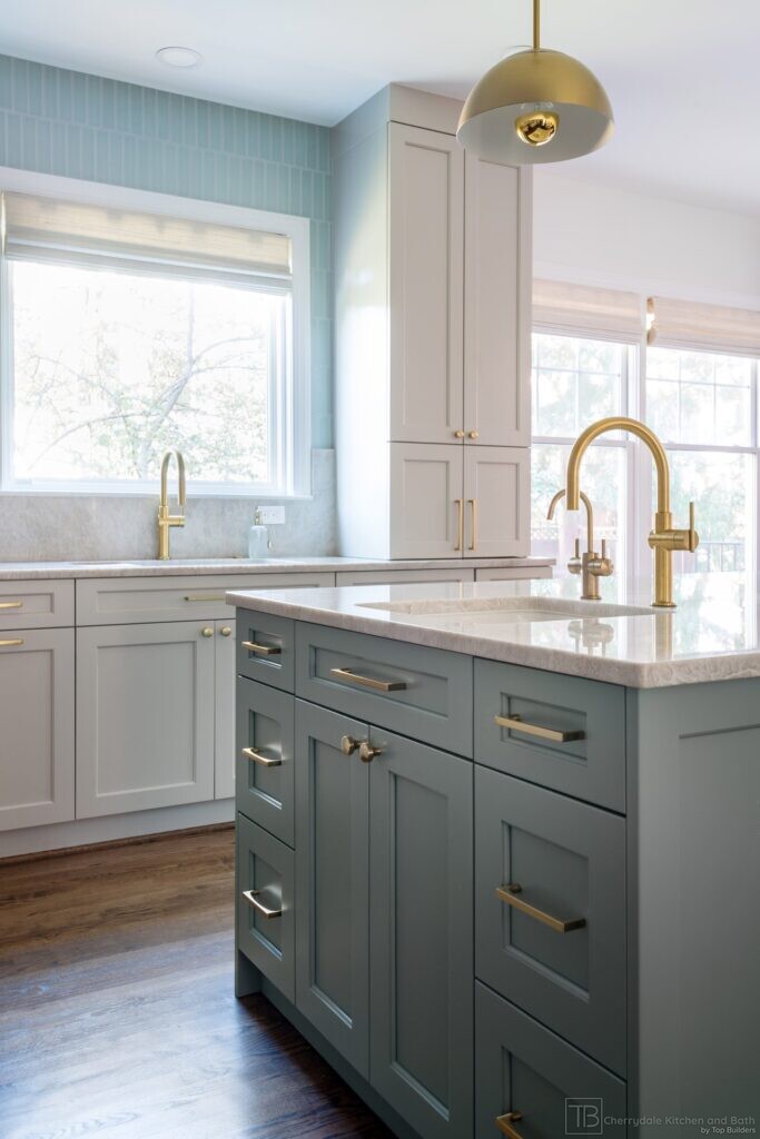 Sage and Brass – gray-green island kitchen remodel by Cherrydale Kitchen and Bath by Top Builders (photo 10)