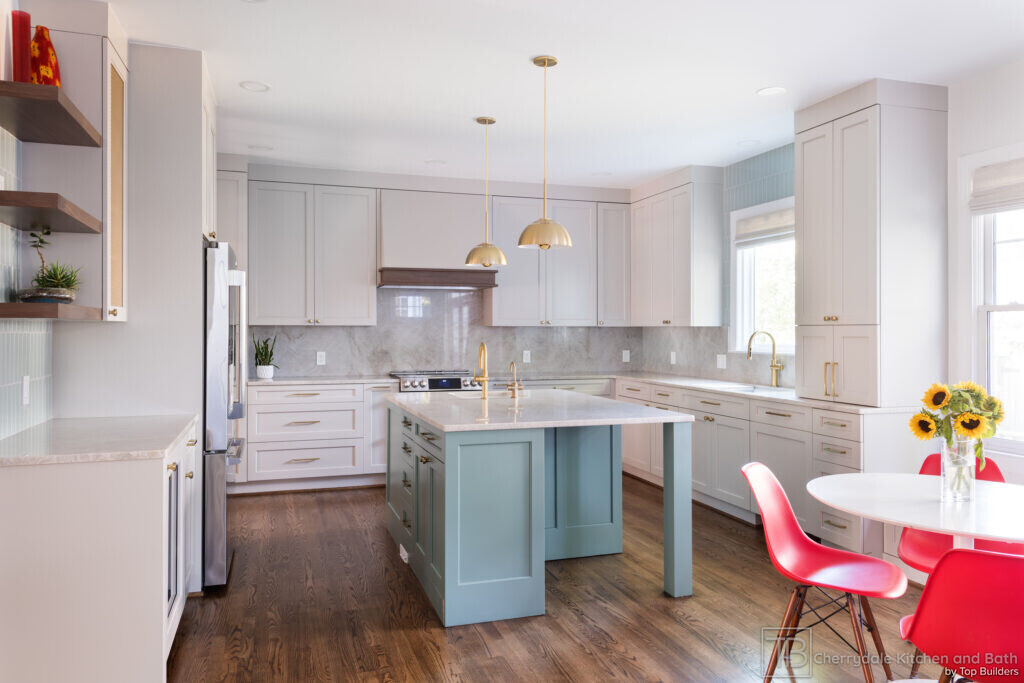 Sage and Brass – gray-green island kitchen remodel by Cherrydale Kitchen and Bath by Top Builders (photo 27)