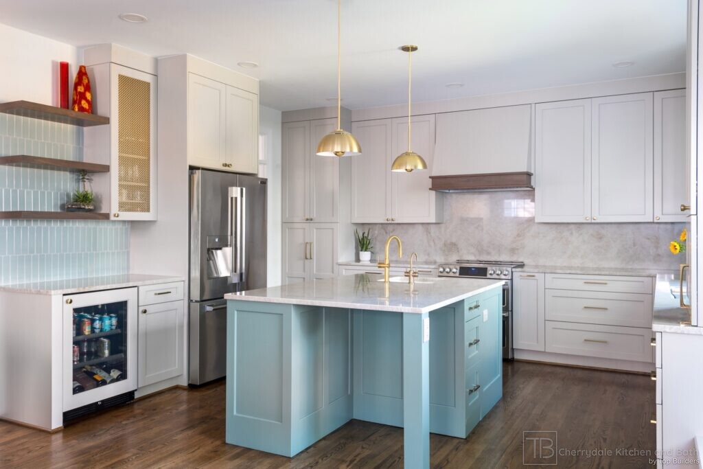 Sage and Brass – gray-green island kitchen remodel by Cherrydale Kitchen and Bath by Top Builders (photo 16)