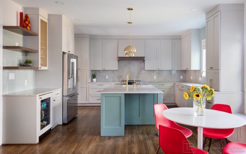 Sage and Brass – gray-green island kitchen remodel by Cherrydale Kitchen and Bath by Top Builders (photo 4)