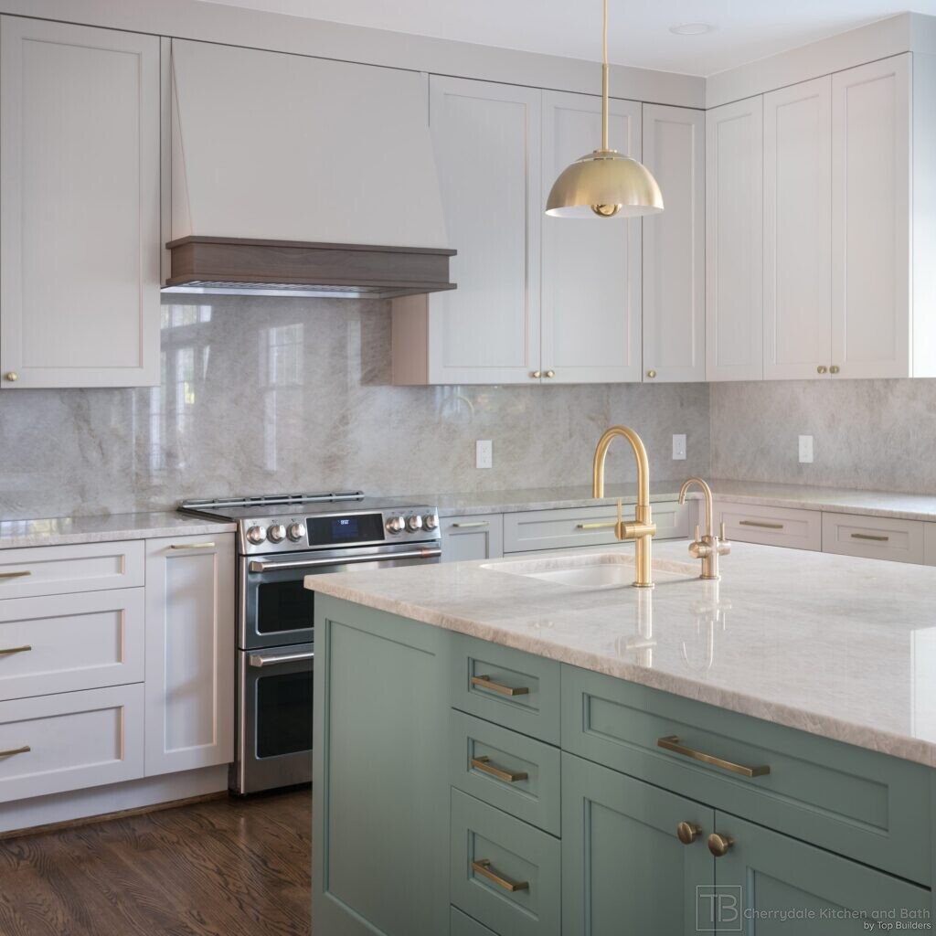 Sage and Brass – gray-green island kitchen remodel by Cherrydale Kitchen and Bath by Top Builders (photo 17)