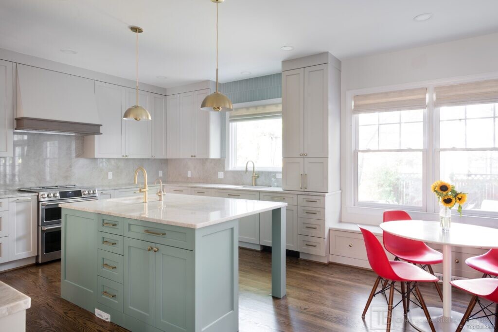 Sage and Brass – gray-green island kitchen remodel by Cherrydale Kitchen and Bath by Top Builders (photo 21)