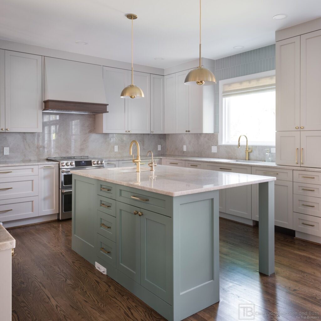 Sage and Brass – gray-green island kitchen remodel by Cherrydale Kitchen and Bath by Top Builders (photo 20)