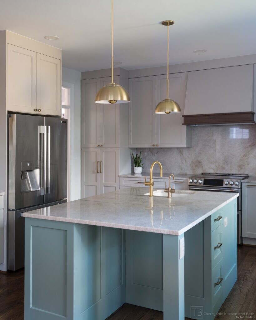 Sage and Brass – gray-green island kitchen remodel by Cherrydale Kitchen and Bath by Top Builders (photo 24)